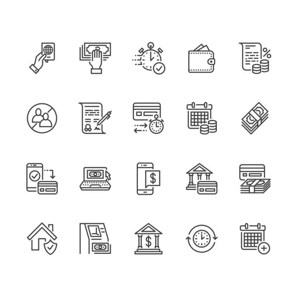 Finance, money loan flat line icons set. Quick credit approval, currency transaction no commission, cash deposit atm vector illustrations. Thin signs for banking. Pixel perfect 64x64 Editable Strokes Finance, money loan flat line icons set. Quick credit approval, currency transaction, no commission, cash deposit atm vector illustrations. Thin signs for banking. Pixel perfect 64x64 Editable Strokes automatic stock illustrations