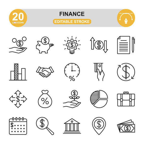 Finance Vector Icon Set. Editable Stroke Thin line icon set. All icons in the set can be scaled to any size. icon set stock illustrations