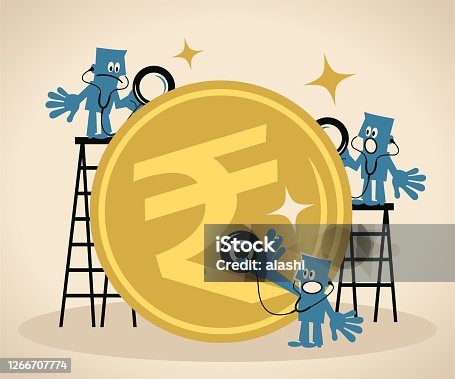 istock Financial advisors team listen to and analyze a big Indian Rupee currency with a stethoscope, concept of monetary analysis 1266707774