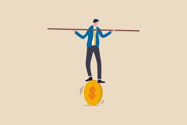 Financial and business risk, banking loan and debt risk, stability or balance of economics and investment or risk for losing job concept, businessman balancing not to fail from walking on golden coin.  inflation stock illustrations
