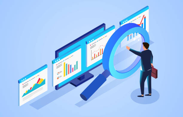 Financial data monitoring and analysis, businessman standing in front of magnifying glass and observing webpage data Financial data monitoring and analysis, businessman standing in front of magnifying glass and observing webpage data market research stock illustrations