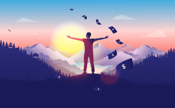 Financial freedom. A man doing a freedom pose in sunset, with beautiful landscape, forest and mountain view, money raining from the sky. Passive income, rich, success concept in vector illustration. financial freedom stock illustrations