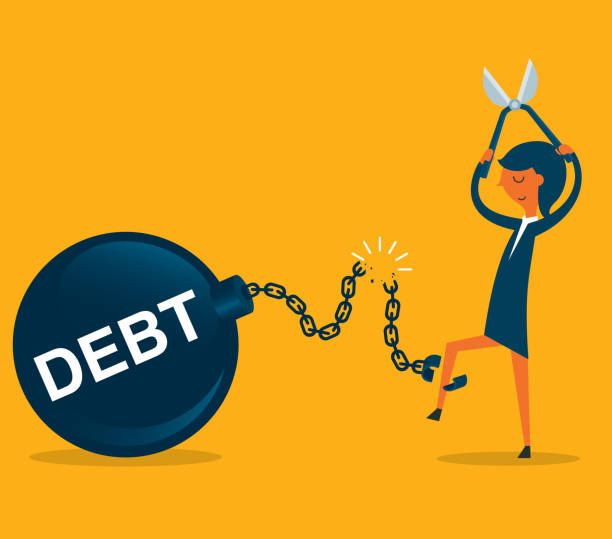 Financial freedom - Businesswoman businesswoman use pliers to cut the chain and free herself from debt metal ball. Financial freedom concept. debt stock illustrations