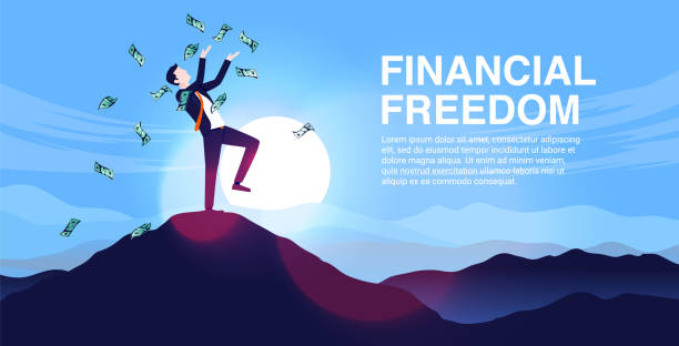 Financial freedom - Cheerful man on mountaintop throwing money in air Person celebrating economic independence. Money and happiness concept. Vector illustration good friday stock illustrations
