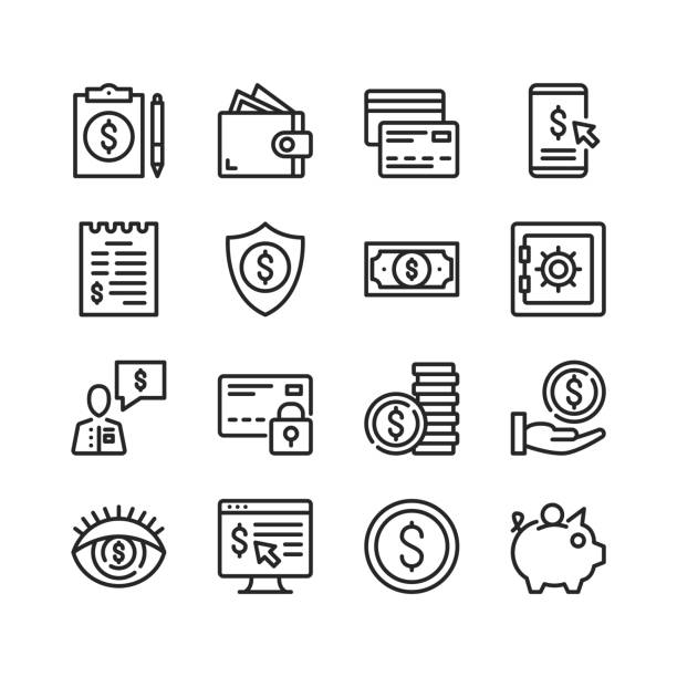 Financial icons set. Pixel perfect. Linear, outline symbols. Thin line design. Vector line icons set Financial icons set. Pixel perfect. Linear, outline symbols. Thin line design. Vector line icons set pile of credit cards stock illustrations