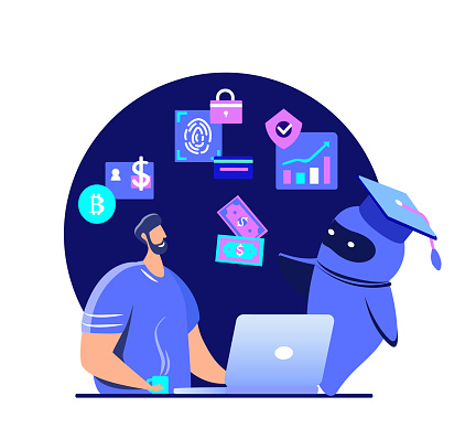 Financial literacy education, e business school. Online education. Cryptocurrency trading courses, crypto trade academy, learn how to trade cryptocurrency concept. Bright vector isolated illustration