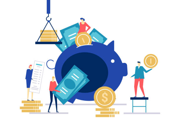 Financial management - flat design style colorful illustration Financial management - flat design style colorful illustration on white background. Composition with male, female characters putting coins into a piggy bank, banknotes, receipt. Money saving concept collection illustrations stock illustrations