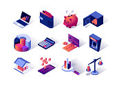 Financial management isometric icons set. Credit card, ATM terminal, wallet, piggy bank, calculator and bank safe. Money saving, banking and investment, calculation and accounting 3d vector isometry.