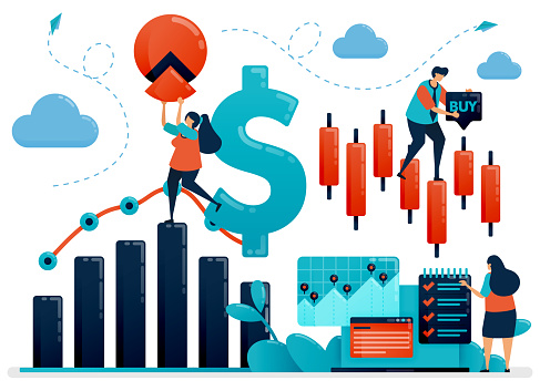 Financial platform to help choose investment. Statistics data for accounting. Analysis of business data and company growth. Flat vector human illustration for landing page, website, mobile, poster