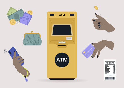 A financial sticker pack with an ATM machine, paper banknotes, coins, credit cards, and wallets