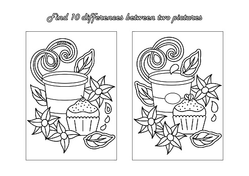 Find 10 different puzzles and coloring pages. Cupcake, glass of juice and flowers