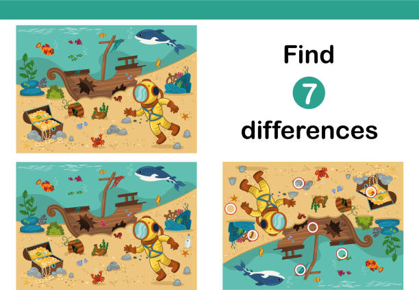 Find 7 differences education game for kids. Find 7 differences education game for kids. Diver with pirate chest in cartoon style. Vector illustration. variation stock illustrations