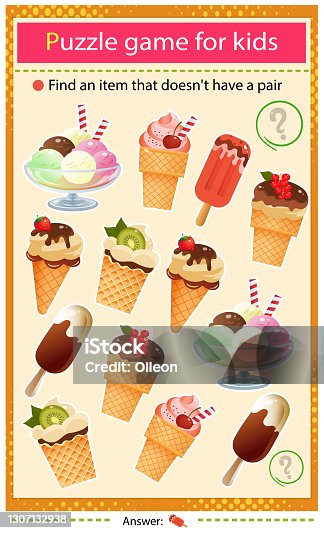 istock Find a item that does not have a pair. Puzzle for kids. Matching game, education game for children. Color set of ice cream. Worksheet to develop attention. 1307132938