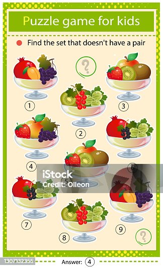 istock Find a set that does not have a pair. Puzzle for kids. Matching game, education game for children. Vases with fruits and berries. Currant, strawberry, apricot, cherry, raspberry, gooseberry, grape, apple and kiwi. Worksheet to develop attention. 1307132355