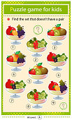 istock Find a set that does not have a pair. Puzzle for kids. Matching game, education game for children. Vases with fruits and berries. Currant, strawberry, apricot, cherry, raspberry, gooseberry, grape, apple and kiwi. Worksheet to develop attention. 1307132355