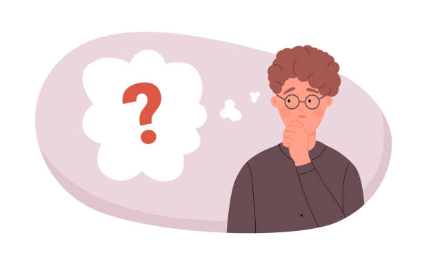 Find answer idea to question, nerd student with glasses thinking over study work problem vector art illustration