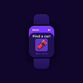Find car smartwatch interface vector template. Mobile app notification night mode design. Carsharing service message screen. Flat UI for application. Ride for share. Smart watch display