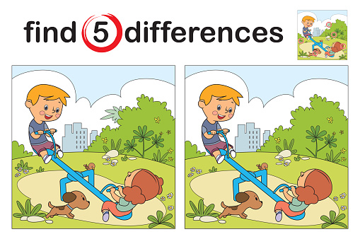Find differences, Cute kids having fun on seesaw at playground