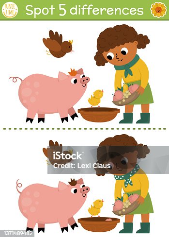 istock Find differences game for children. On the farm educational activity with cute farmer girl feeding pig. Farm puzzle for kids with funny character. Rural village printable worksheet or page 1371489482