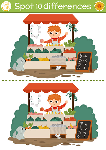 Find differences game for children with boy selling fruit and vegetables on market stall. On the farm educational activity with cute vendor. Farm puzzle for kids. Printable worksheet or page