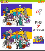 Cartoon Illustration of Finding Ten Differences Between Pictures Educational Game for Children with Halloween Characters