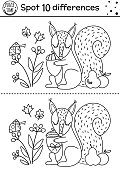 Find differences line game for kids. Black and white Autumn forest educational activity with squirrel and acorn. Printable worksheet with cute animal. Woodland puzzle. Fall preschool coloring page