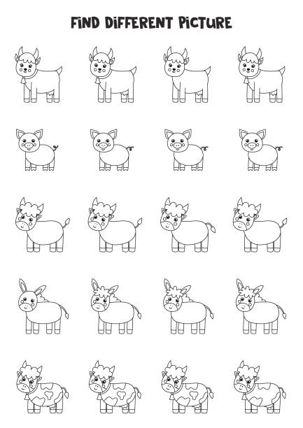 Find farm animal which is different from others. Black and white worksheet for kids. Find different black and white farm animals in each row. Logical game for preschool kids. printable cow stock illustrations