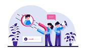 Find leads flat concept vector. Find new customer, content creation, sales funnel. Generate sales leads, digital marketing strategy, build brand awareness. Modern illustration