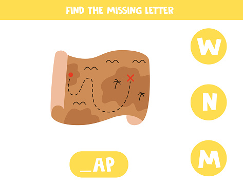 Find missing letter with old pirate map. Spelling worksheet.