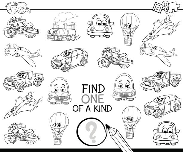 find one of a kind coloring book Black and White Cartoon Illustration of Find One of a Kind Educational Activity Game for Children with Fantasy Characters Coloring Page drawing of fighter planes stock illustrations