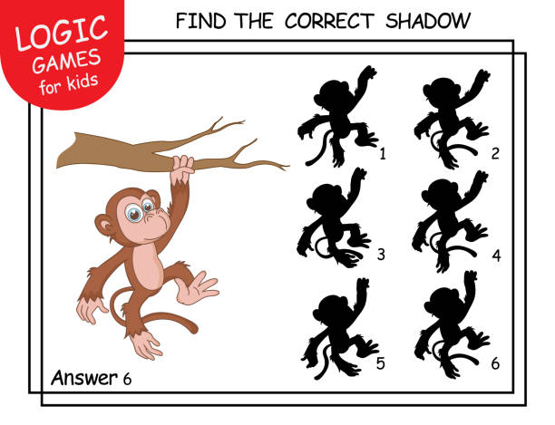 Find the correct shadow. Cute cartoon young Monkey. Educational matching game for children with cartoon character. Logic Games for Kids. Learning card with task for children preschool and kindergarten Find the correct shadow. Cute cartoon young Monkey. Educational matching game for children with cartoon character. Logic Game for Kids. Learning card with task for children preschool and kindergarten maze silhouettes stock illustrations
