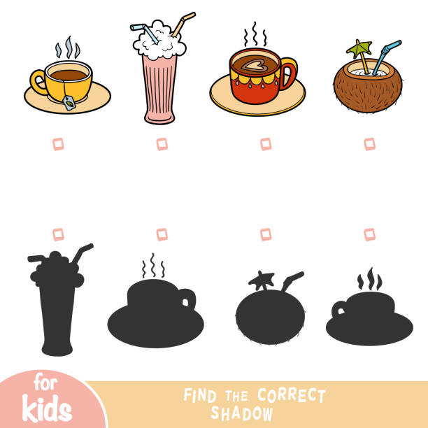 Find the correct shadow, education game, set of beverages Find the correct shadow, education game for children, set of beverages smoothie silhouettes stock illustrations