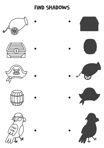 Find the correct shadows of black and white pirate elements. Logical puzzle for kids.
