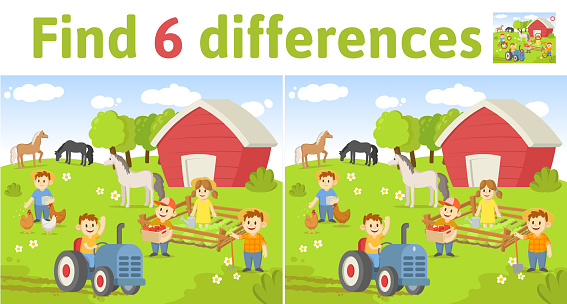 Find the differences in two colored pictures. Children riddle game with farm scene and characters. English language education sheet. Flat vector illustration.