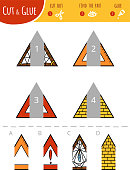 Find the right part. Cut and glue game for children. Cartoon set of geometric shapes. Triangles.