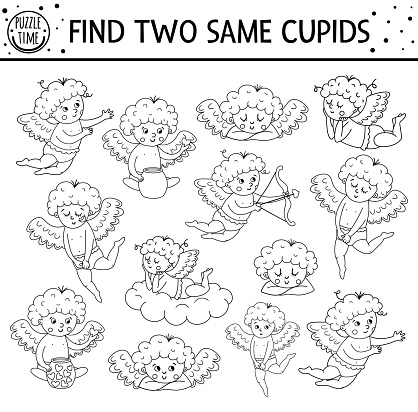 Find two same cupids. Holiday black and white matching activity for children. Funny educational Saint Valentine day logical quiz worksheet for kids. Simple printable game or coloring page