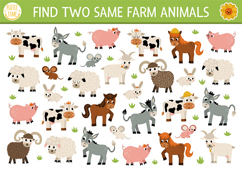 Find two same farm animals. On the farm matching activity for children. Rural village educational quiz worksheet for kids for attention skills. Simple printable game with cute pig, cow, goat, horse