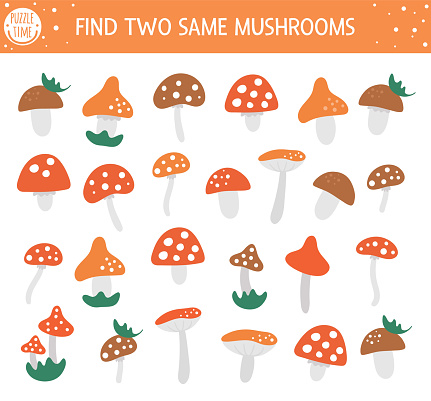 Find two same mushrooms. Autumn matching activity for children. Funny educational fall season logical quiz worksheet for kids. Simple printable game with forest plants