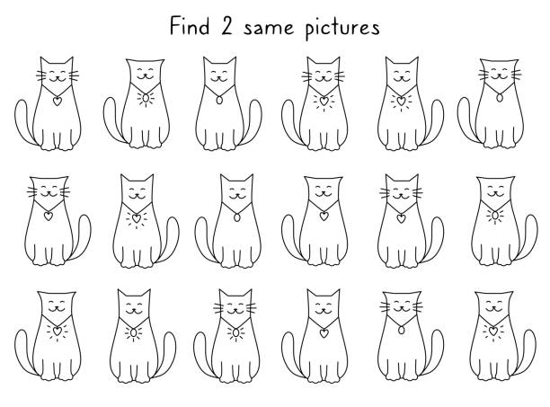 Find two same pictures of cute cats. Attentiveness task. Many similar cartoon funny pets. Difficult puzzle for children. See the 2 identical doodle cats. Contour black-white drawing. Hand drawn vector stock illustration. Find two same pictures of cute cats. Attentiveness task. Many similar cartoon funny pets. Difficult puzzle for children. See the 2 identical doodle cats. Contour black-white drawing. Hand drawn vector stock illustration. cute cat coloring pages stock illustrations