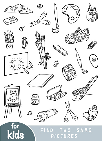 Find two the same pictures, game for children. Black and white set of artists objects