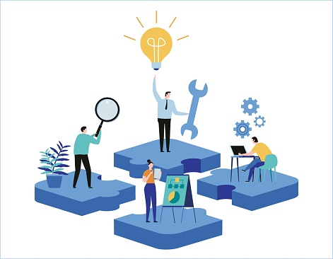 Finding new ideas. problem solving. Vector illustration banner. Teamwork search for solutions Miniature people team working flat cartoon design for web mobile