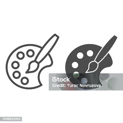 istock Fine art pallet line and solid icon. Painter color palette with artistic brush. Artist education vector design concept, outline style pictogram on white background. 1208832002