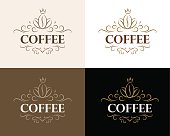Fine flourish luxury calligraphic coffee emblem, design, template, label. Vector vintage coffee (symbol) for cafe, restaurant, shop.