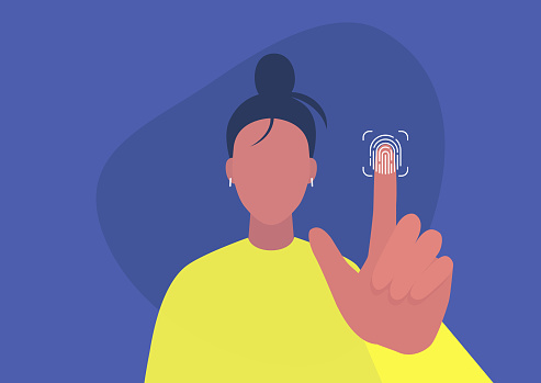 Fingerprint access, new technologies, young female character scanning their finger