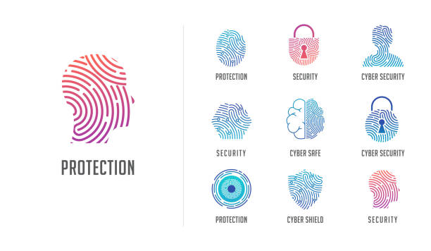Fingerprint scan logo, privacy, cyber security ,identity information and network protection. Person head, brain, cloud and lock icons. Vector icon design Fingerprint scan logo, privacy, cyber security ,identity information and network protection. Person head, brain, cloud and lock icons. Vector icon collection fingerprint stock illustrations