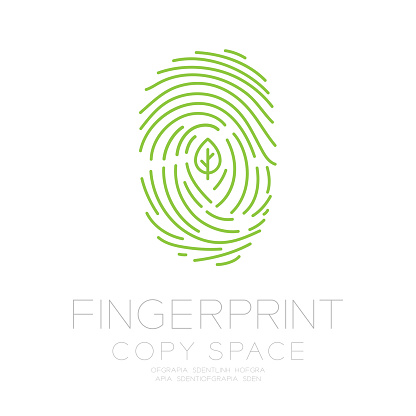 Fingerprint scan set with leaf symbol concept idea illustration isolated on white background, and Fingerprint text with copy space