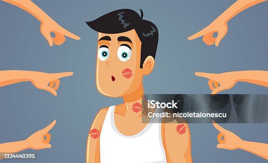 istock Fingers Pointed at Infidel Boyfriend Covered in Lipstick Marks 1334440395