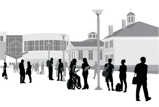 Finished The Semester Silhouette vector illustration of a large group of students on campus architecture clipart stock illustrations