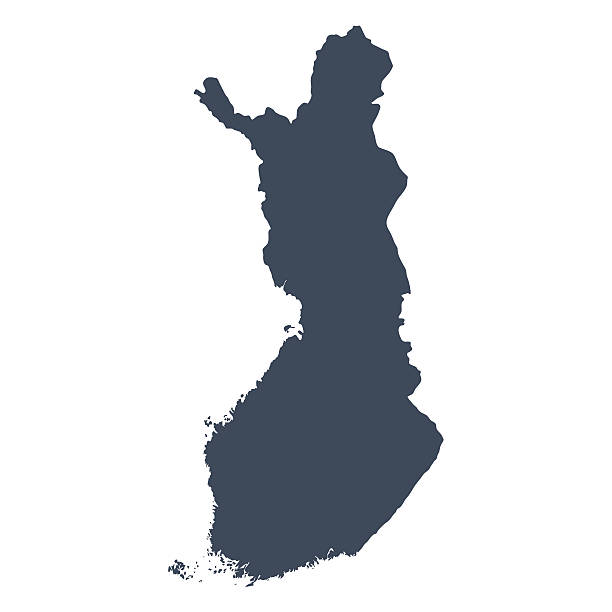 A graphic illustrated vector image showing the outline of the country finland. The outline of the country is filled with a dark navy blue colour and is on a plain white background. The border of the country is a detailed path. 