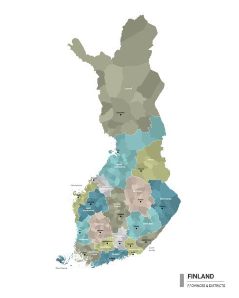 芬蘭希格特詳細的地圖與細分。芬蘭的行政地圖，有地區和城市名稱，按 州和行政區著色。向量圖。 - 北卡累利阿區 芬蘭 幅插畫檔、美工圖案、卡通及圖標